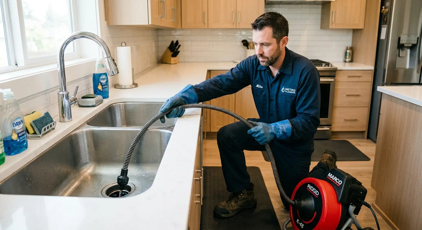 Drain cleaning technician using a motorized snake on a kitchen sink in Progress Village