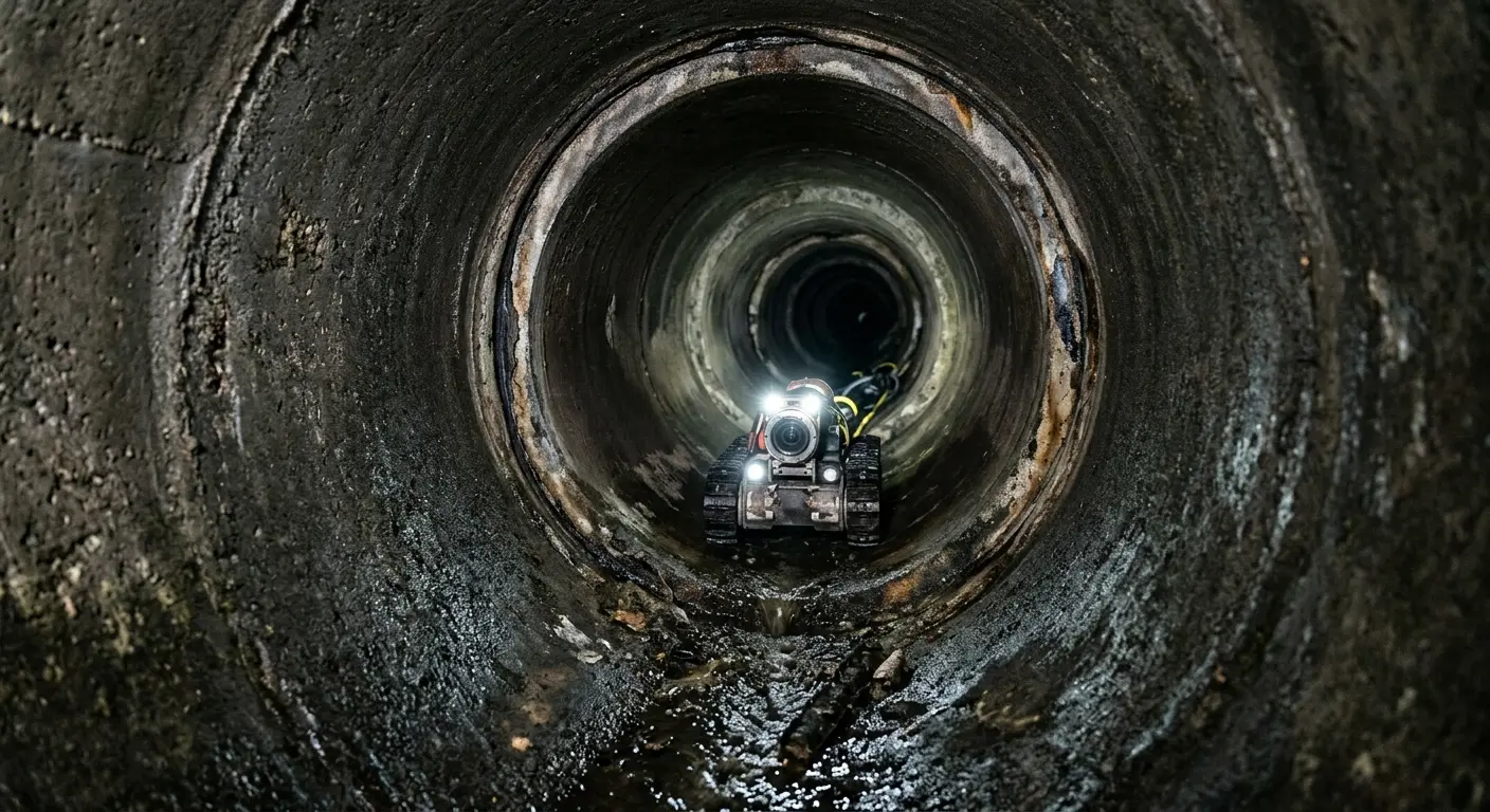 Robotic sewer camera inspecting pipe interior for Sewer Line Repair in Progress Village