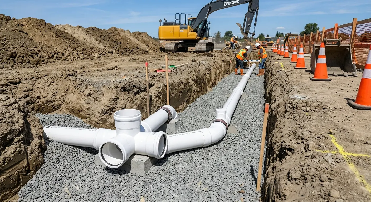 New PVC sewer pipe installation in open trench for Grease Trap Cleaning in Progress Village
