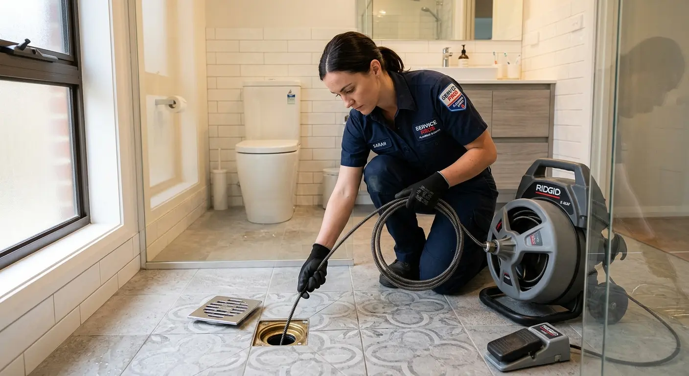 Technician clearing a bathroom floor drain for Sewer Line Installation in Progress Village